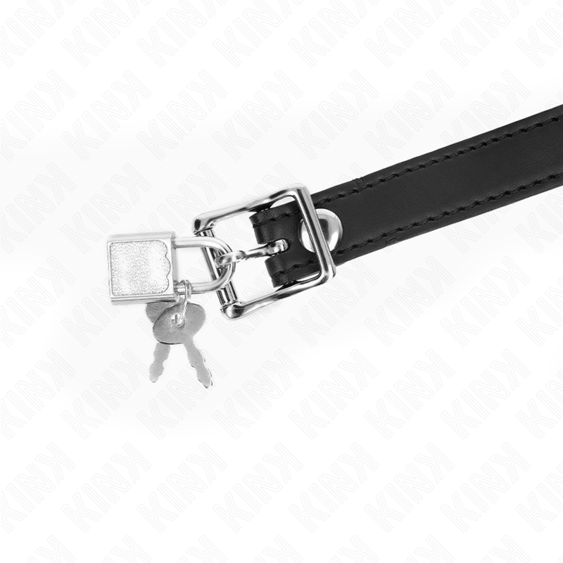 Detalle del bozal de bola Kink Collar & Gag con correa negra, hebilla metálica y candado con llaves.