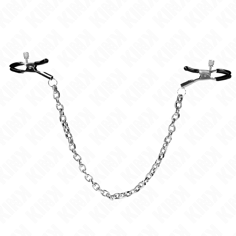 Kink Nipple Grip en vista frontal, con dos pinzas negras unidas por una cadena metálica gruesa.