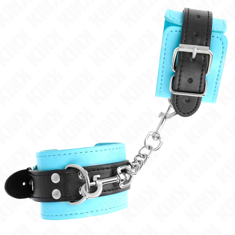 KINK Hook, esposas de muñeca azules con correas negras y cadena metálica