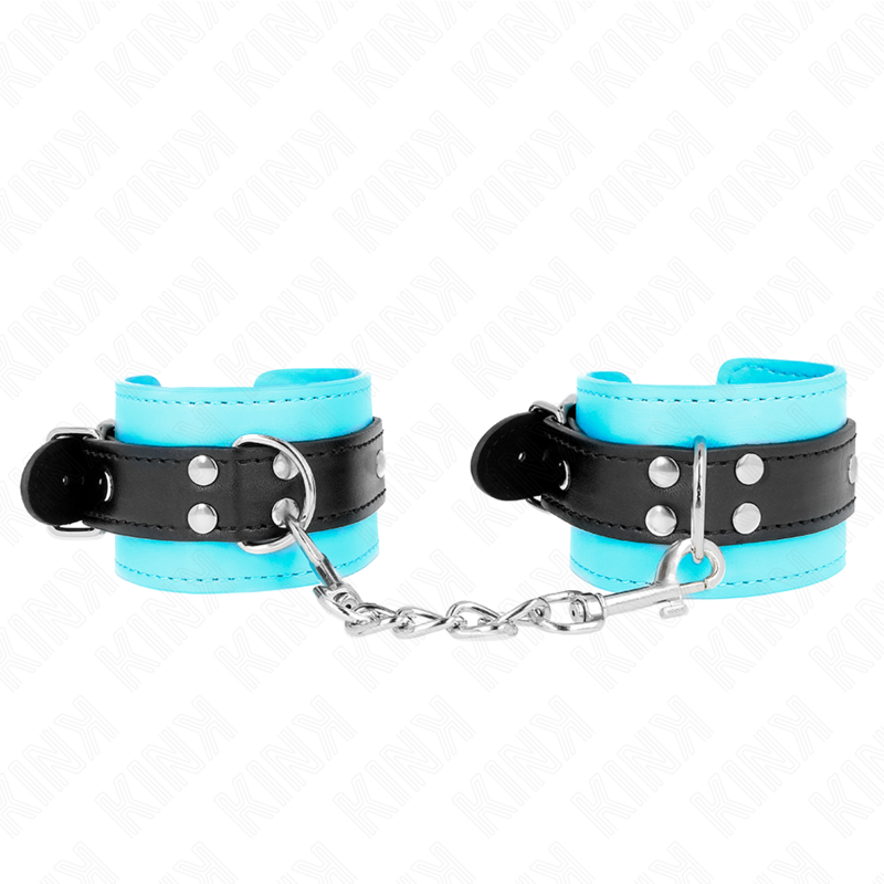 Esposas de muñeca KINK Hook azules con forro negro y cadena conectora.