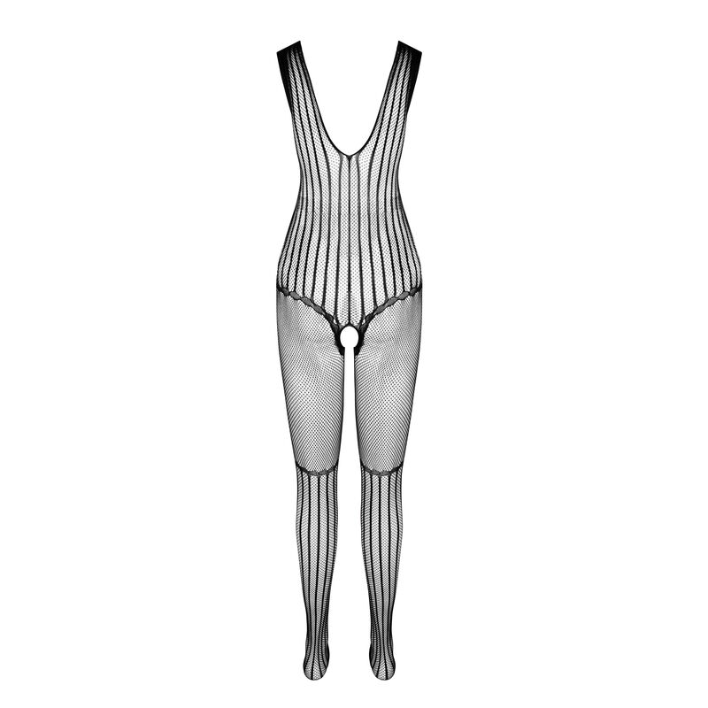 Bodystocking de red negro Passion BS 103, vista frontal con abertura en la entrepierna.
