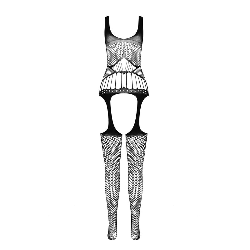 PASSION BS 106 bodystocking negro de rejilla, vista frontal con aberturas.