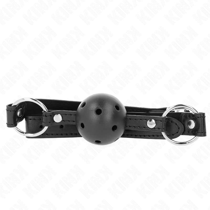 Mordaza Kink Collar & Gag negra con bola perforada y anillas metálicas.