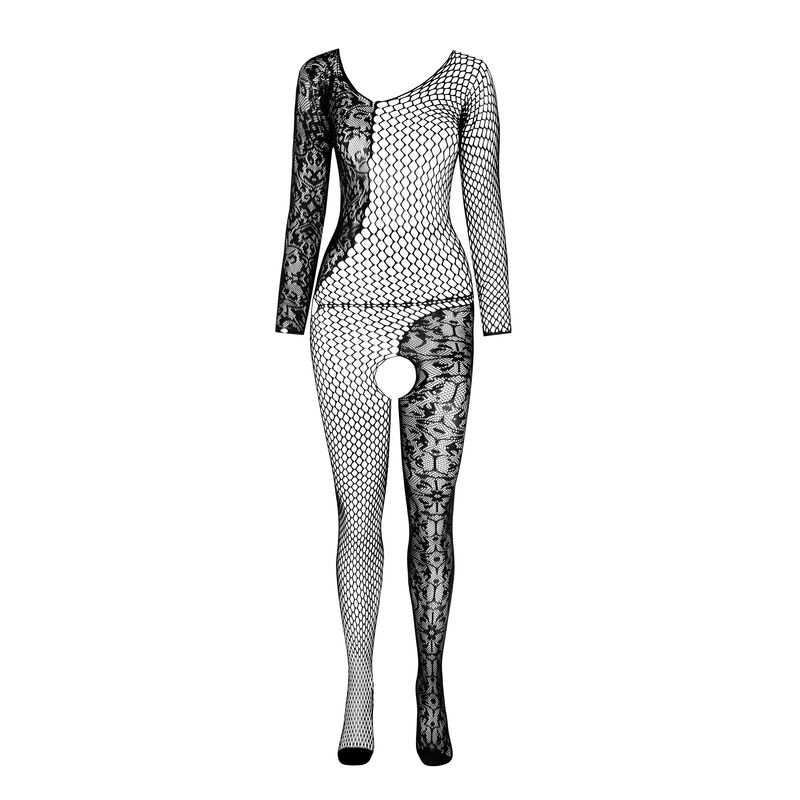Bodystocking PASSION BS 107 en blanco y negro, vista frontal con diseño asimétrico de una manga y abertura en la entrepierna.
