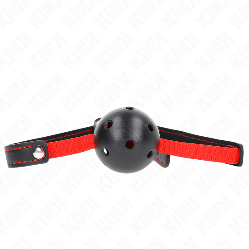 Mordaza de bola Kink Collar & Gag negra con cinta elástica roja.