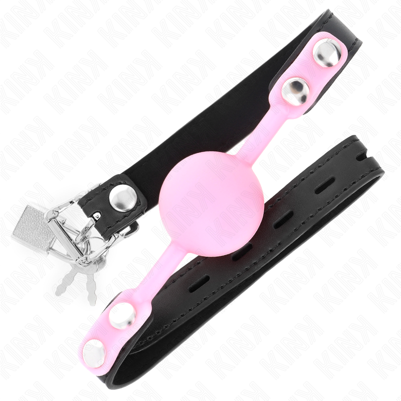 Mordaza de bola Kink en silicona rosa con collar negro.