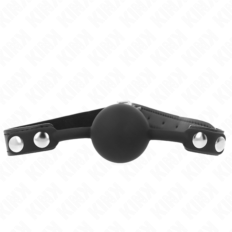 KINK Ball Gag negra de silicona, vista frontal con correa ajustable.