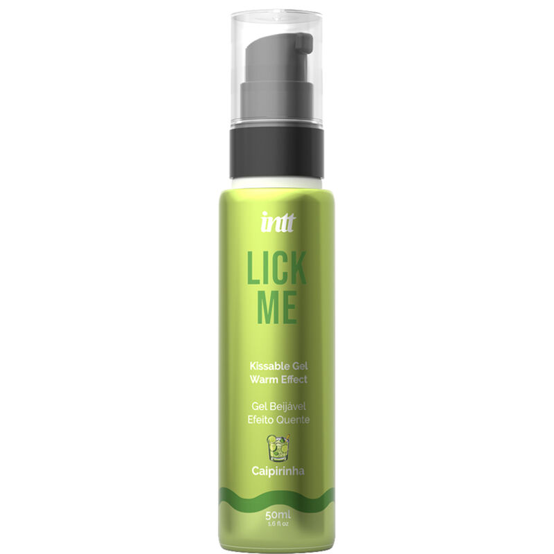 INTT Lick Me Gel comestible en envase verde con tapón transparente, vista frontal.