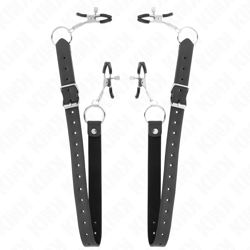 Kink Nipple Grip: pinzas con correas negras ajustables y anillas metálicas, vista frontal.