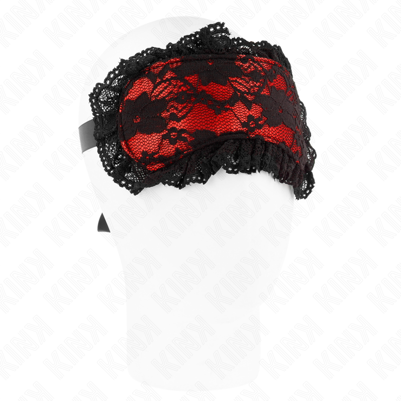 Venda de encaje Kink Masked Allure en rojo y negro, vista frontal sobre maniquí.