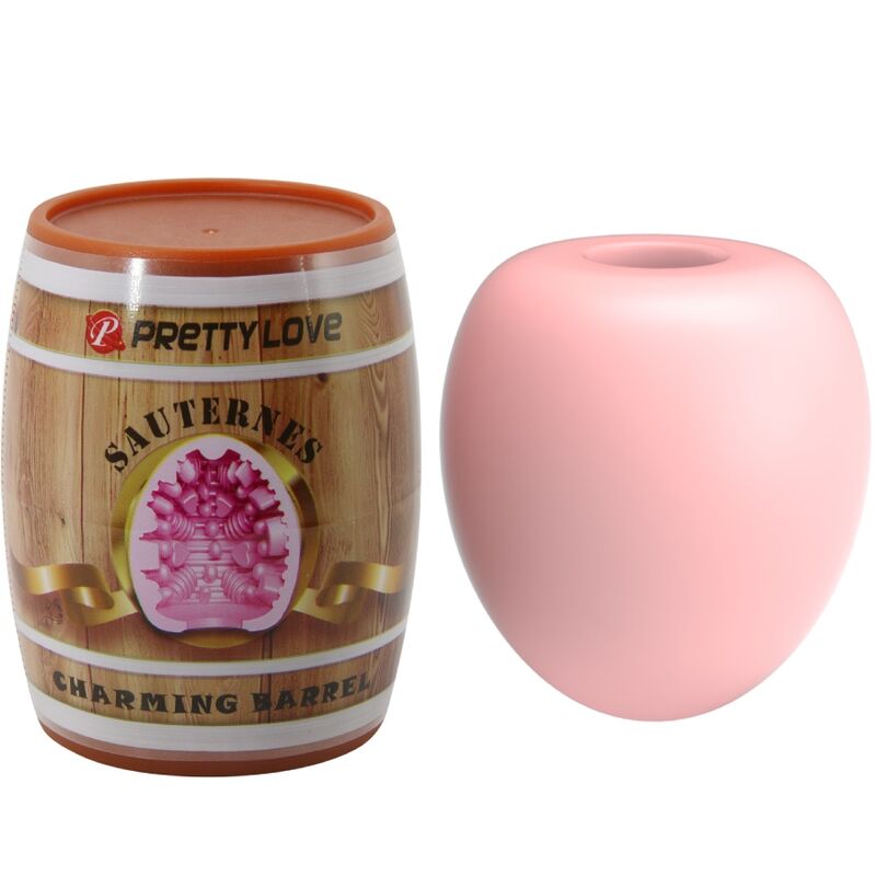 Masturbador Pretty Love rosa con caja tipo barril y formato de huevo.