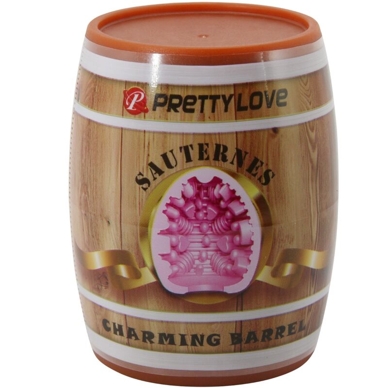Masturbador Pretty Love rosa con diseño tipo barril, vista frontal.