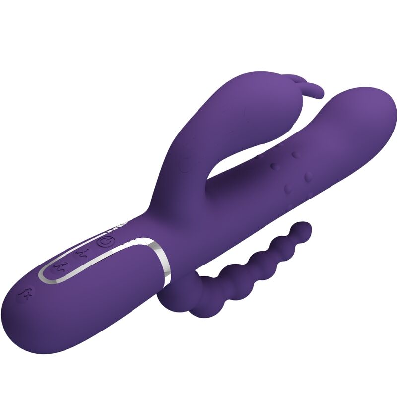 Detalle del vibrador rabbit Cammy de Pretty Love en color púrpura, con vista inclinada del diseño de doble extremo y el panel de control visible.