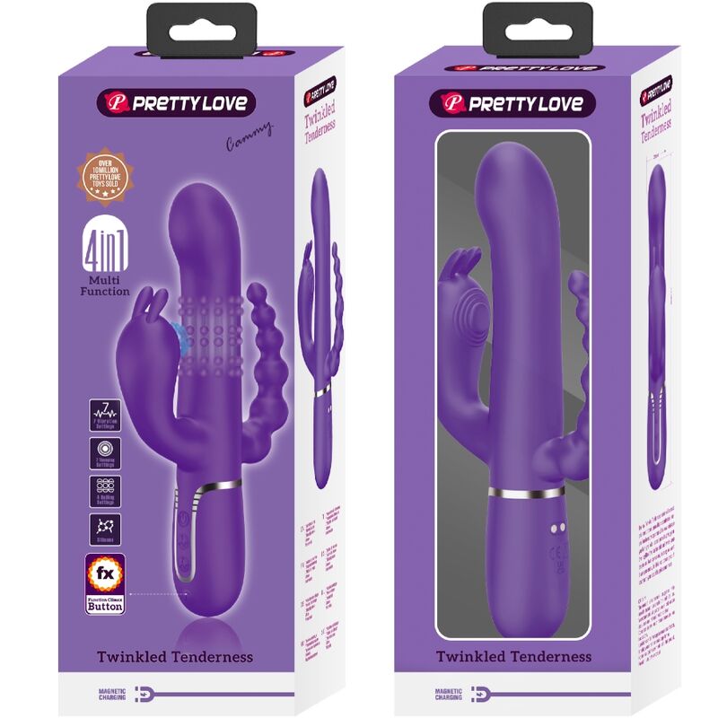 Caja del producto Pretty Love Cammy en morado, con ilustración del vibrador rabbit en el frontal.