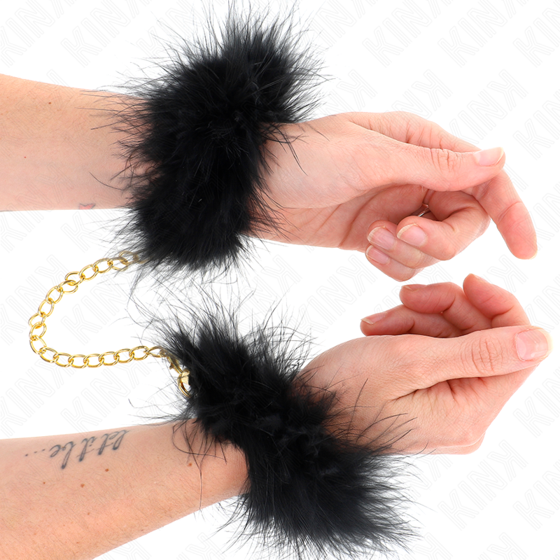 Esposas de plumas KINK negras con cadena dorada en las muñecas