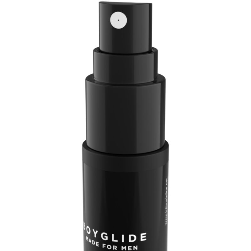 INTIMATELINE Boyglide spray negro en vista frontal, con pulverizador visible.