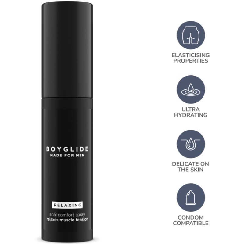 INTIMATELINE Boyglide spray relajante anal en frasco negro, vista frontal con iconos informativos.