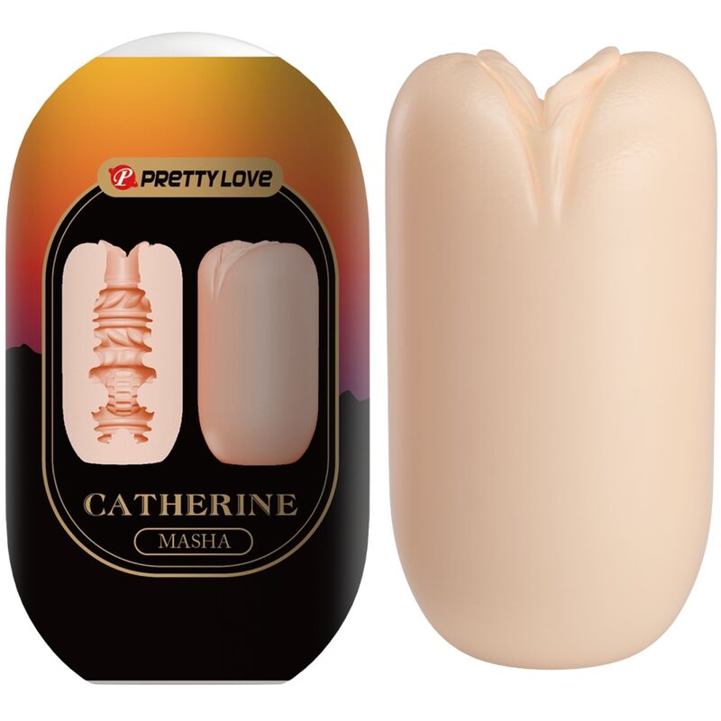 Manga masturbadora PRETTY LOVE MASHA color carne, con caja del producto al lado.