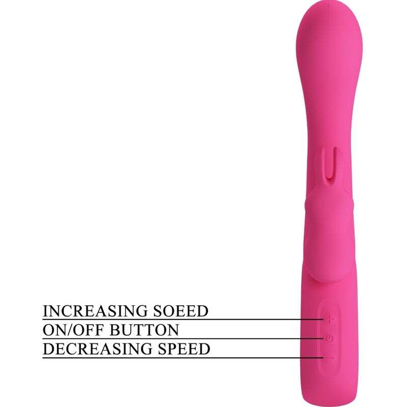Detalle del vibrador rabbit Pretty Love Novak rosa con botones de control visibles.