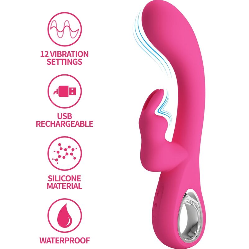 Vibrador rabbit Pretty Love Novak rosa, vista frontal con iconos de funciones.