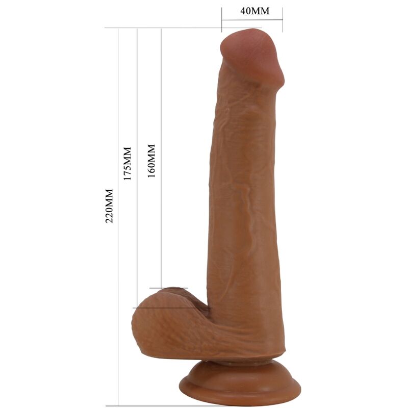 Dildo realista Pretty Love Tallen en color mulato con medidas indicadas.
