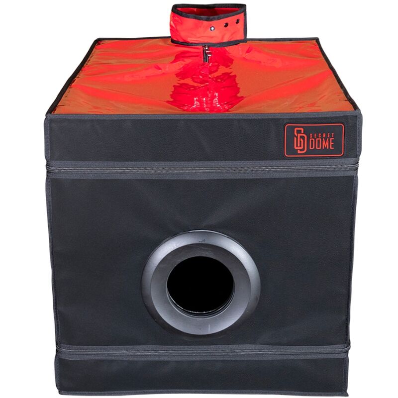 Secret Dome Kink Club La Niche Cabin en negro y rojo, vista frontal con abertura circular