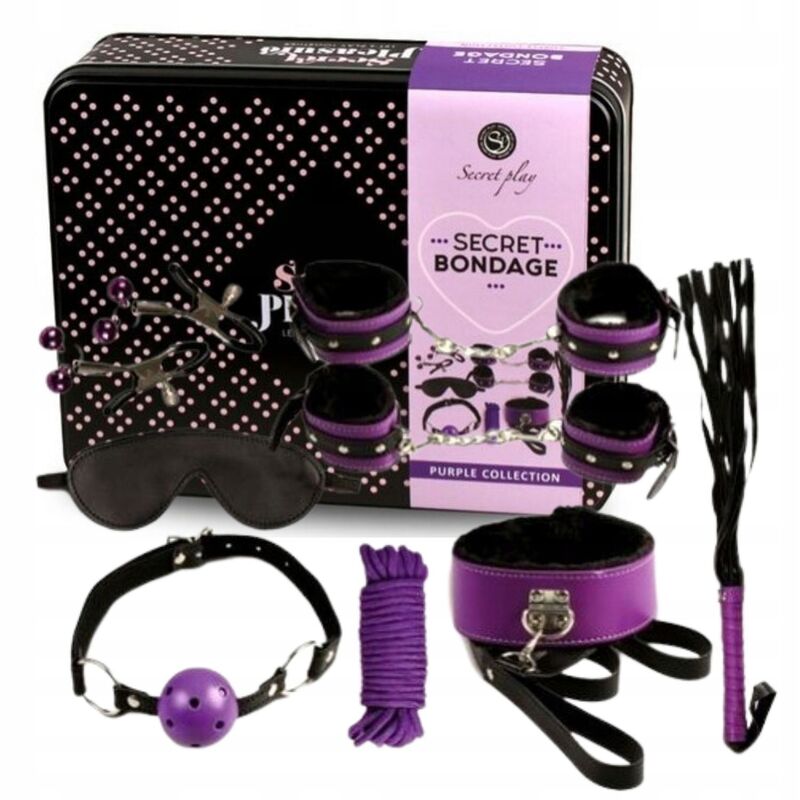 Secretplay 100% Fetish: set BDSM morado y negro con caja del producto y accesorios visibles