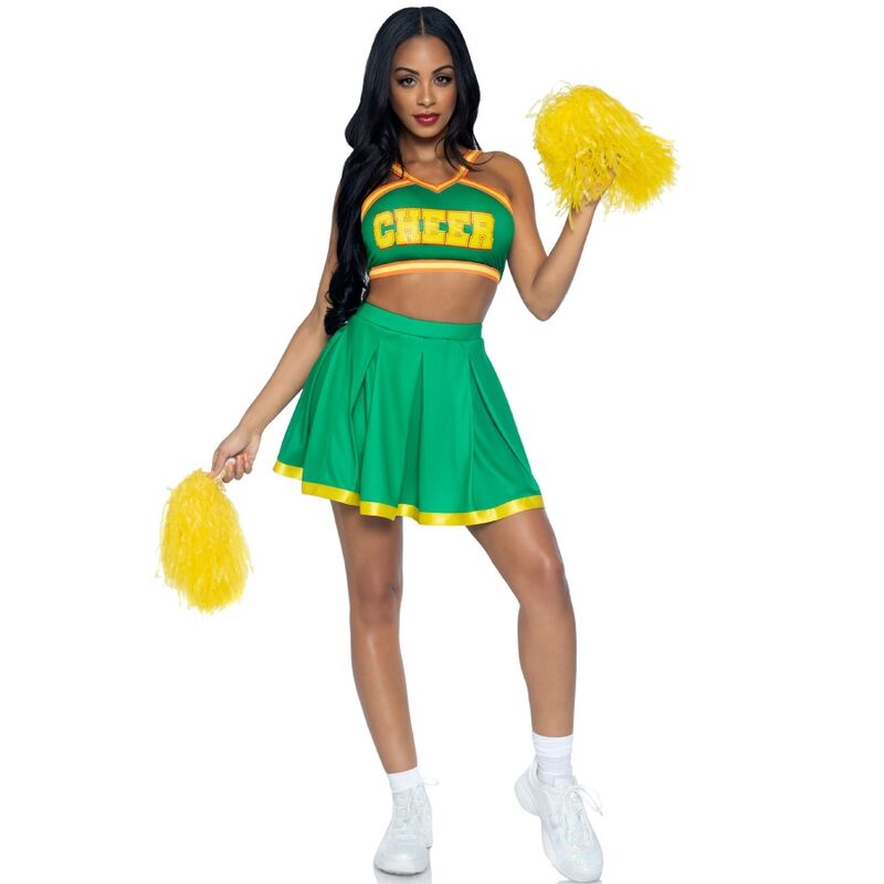 Leg Avenue disfraz de animadora verde, con pompones amarillos, en modelo de cuerpo entero.