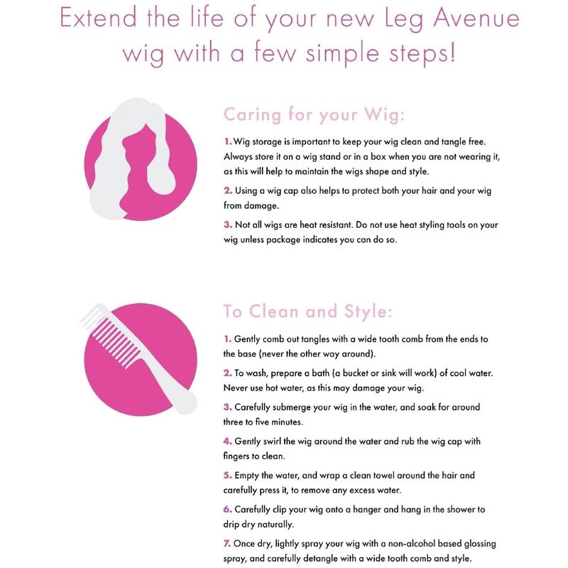 Guía de cuidado para peluca Leg Avenue con iconos rosas y blancos y texto instructivo.