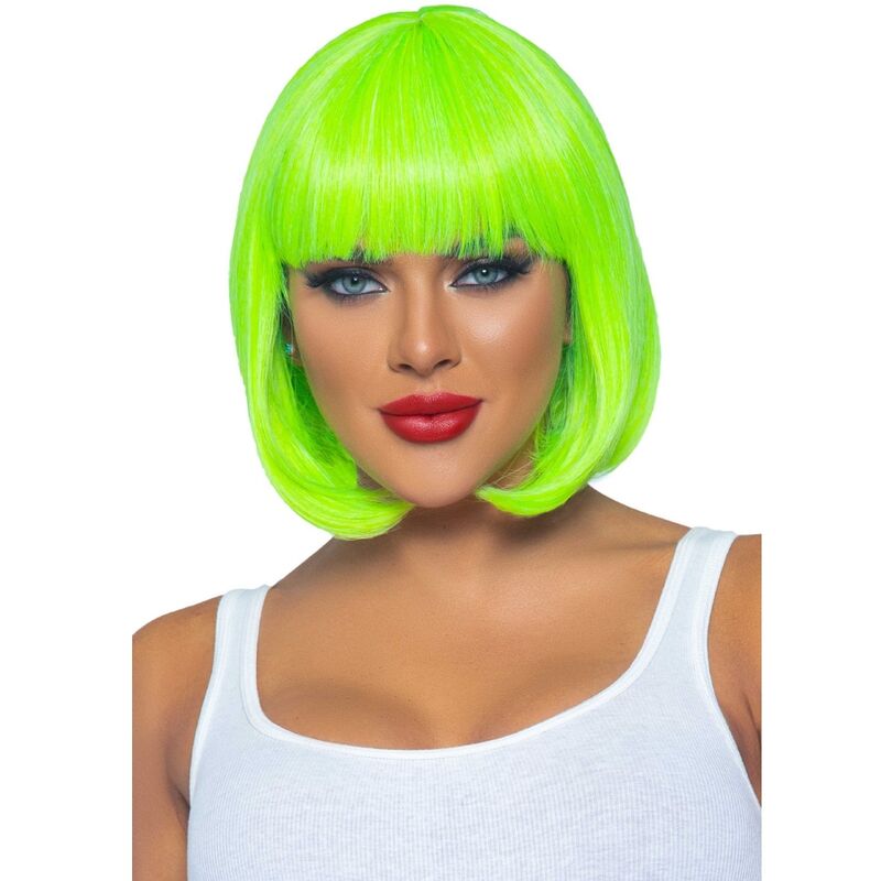 Peluca bob corta verde neón Leg Avenue en vista frontal sobre modelo.