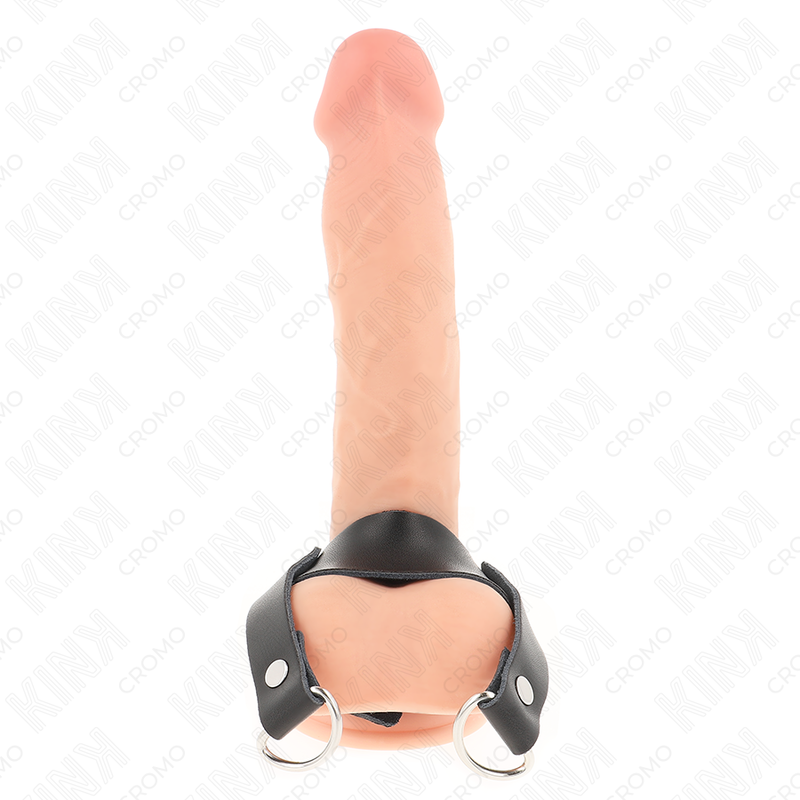 Detalle del KINK D-Shape: anillo metálico para pene con base negra y dos aros metálicos.