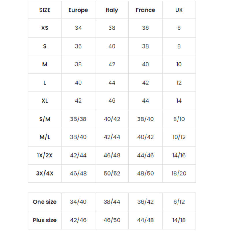 Tabla de tallas de Leg Avenue con equivalencias de Europa, Italia, Francia y Reino Unido.