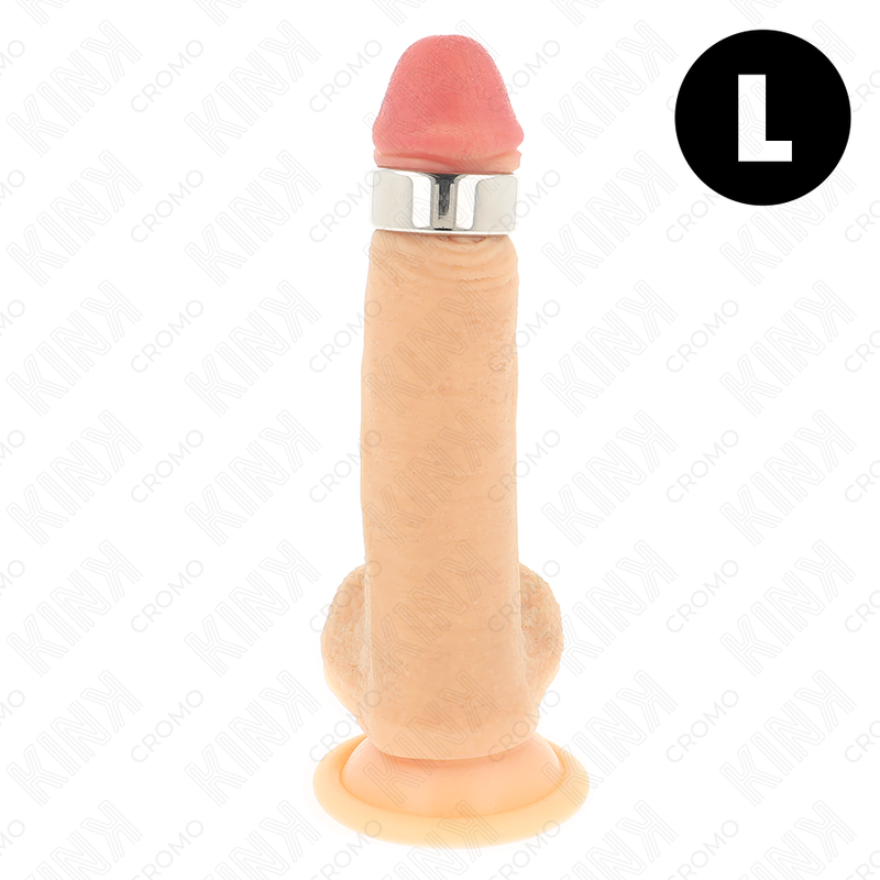 Anilla pene KINK metálica, vista frontal con base de ventosa y punta rosa.