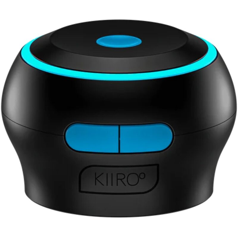 Kiiroo Control negro en vista frontal con anillo turquesa y botones azules.