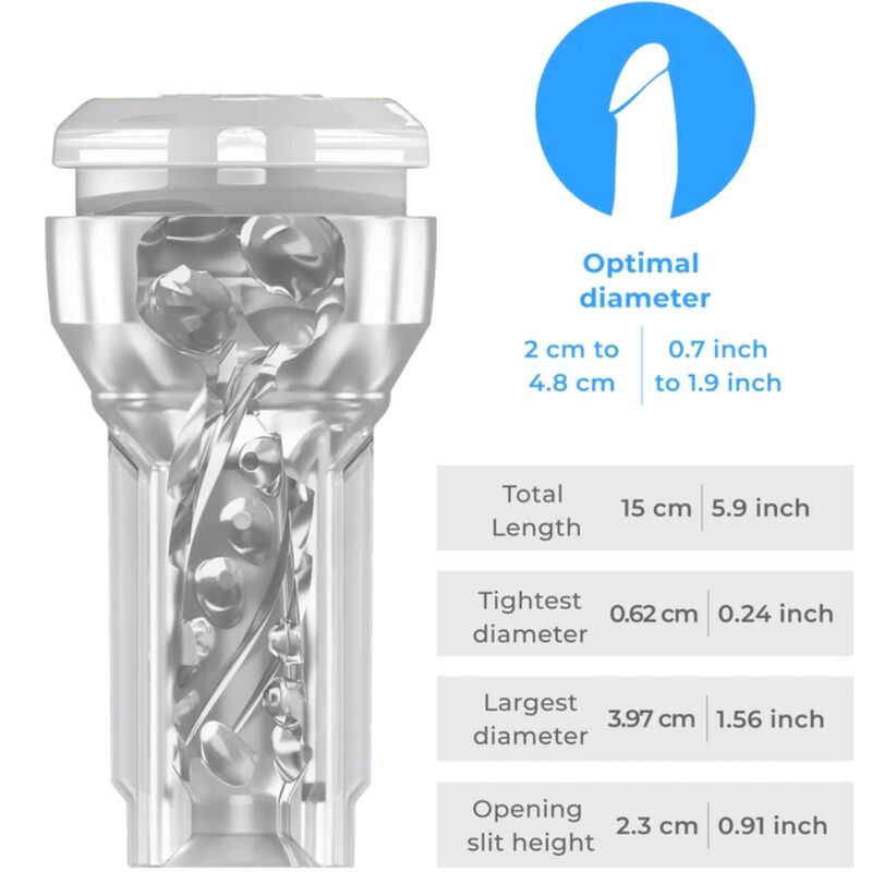 Guía de tallas del Kiiroo Feel Pocket Stroker Crystal + PowerBlow con medidas y vista transparente del producto.