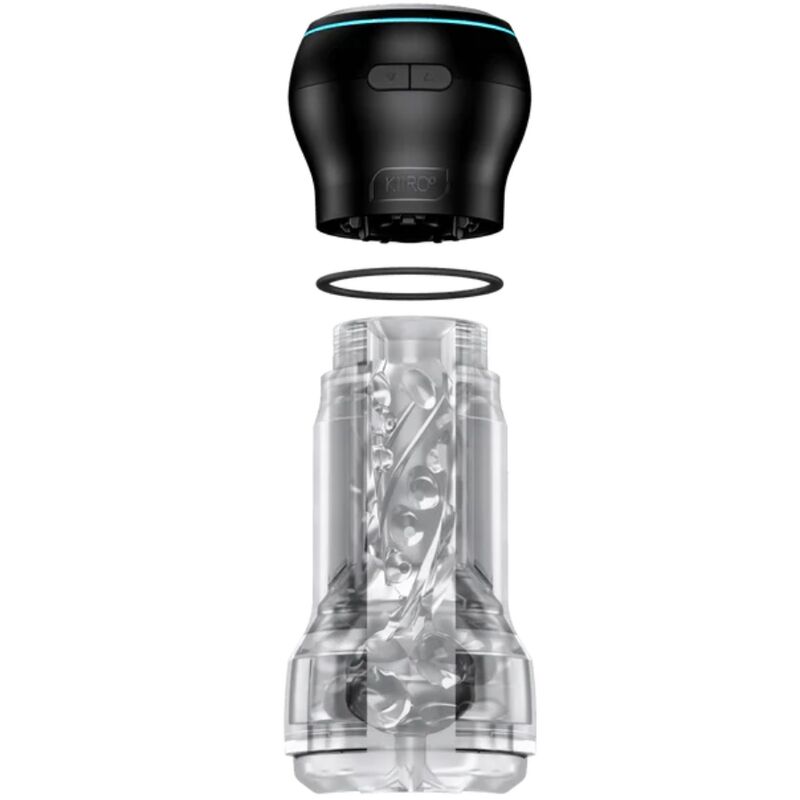 Detalle del KIIROO Feel Pocket Stroker Crystal con vista explosionada y funda interior transparente.