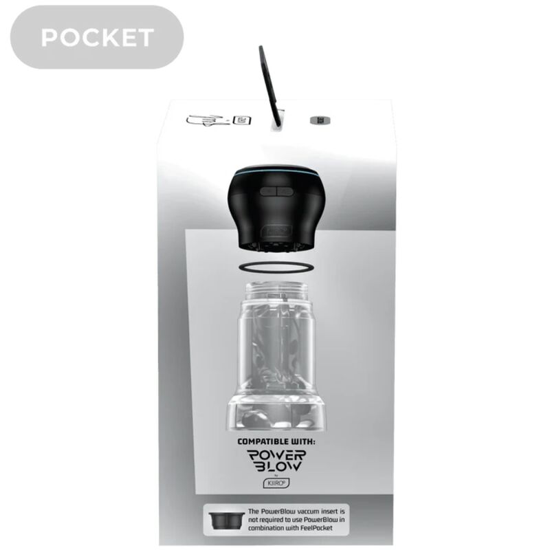 Caja del producto KIIROO Feel Pocket Stroker Crystal + PowerBlow con inserto transparente visible.