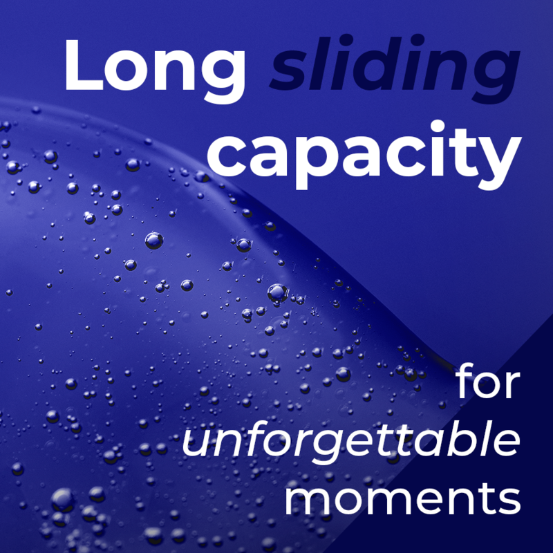 Gráfico promocional azul con gotas de agua y el texto «Long sliding capacity».