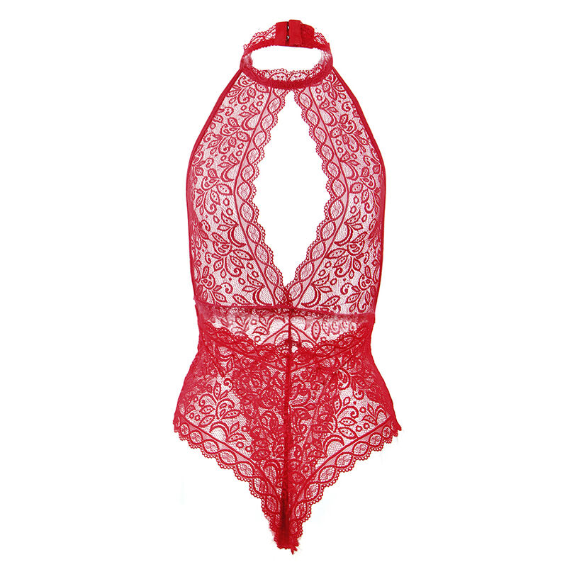 Body de encaje rojo Subblime 953874, vista frontal con escote abierto y cuello halter.