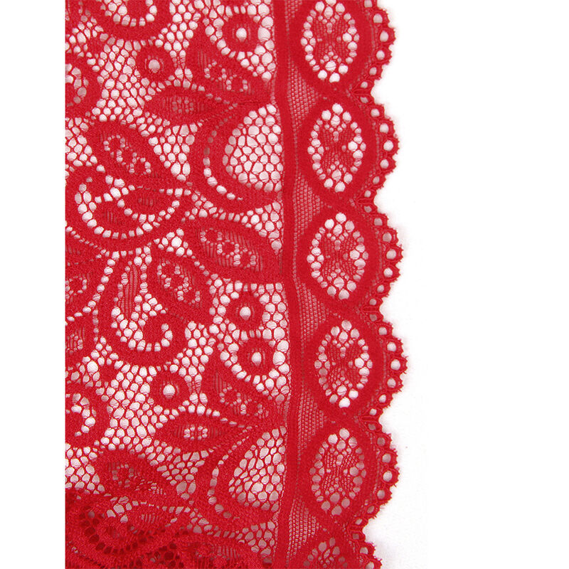Detalle del body SUBBLIME 953874 en encaje rojo con motivo floral y borde festoneado.