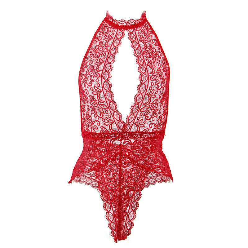 Body de encaje rojo Subblime 953874, vista frontal con copa abierta y cuello halter.