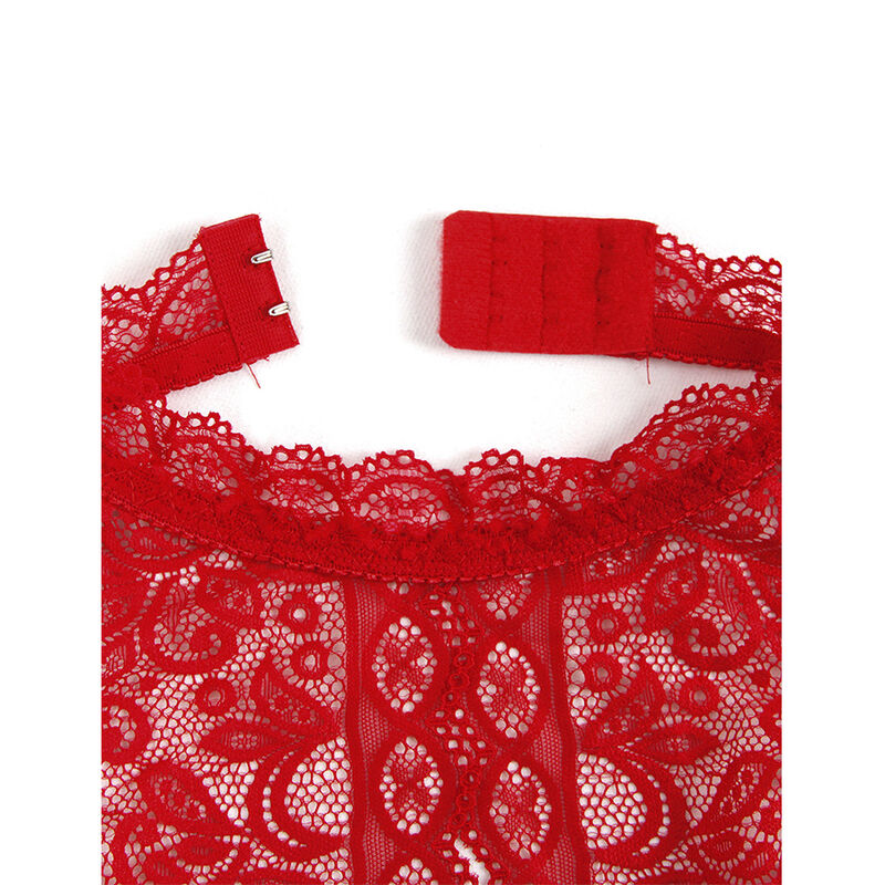 Detalle del body rojo de encaje Subblime, con cierre trasero ajustable y escote abierto.