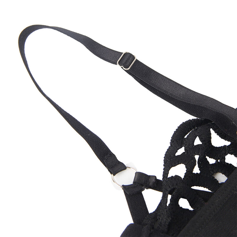 Detalle del body de encaje negro SUBBLIME 954055 con tira ajustable y aro metálico.