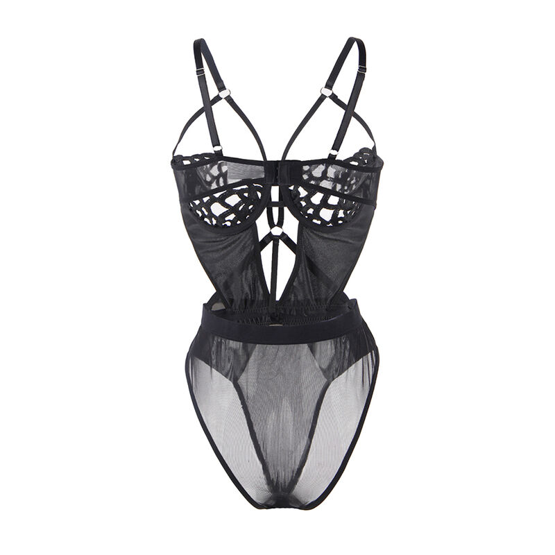 Body de encaje negro Subblime, vista frontal con tirantes ajustables y paneles de malla.