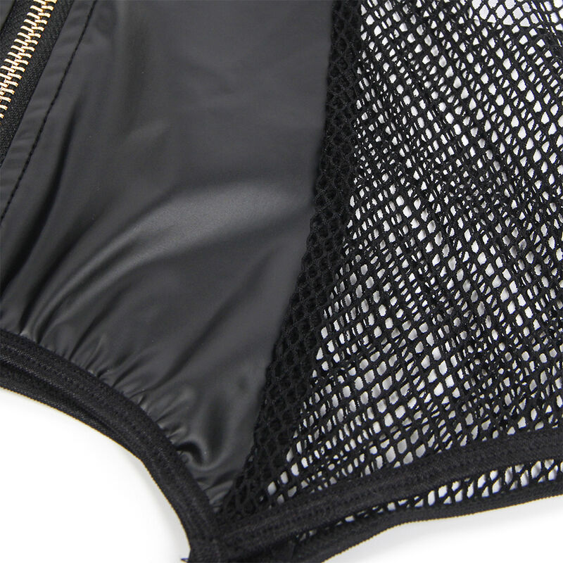 Detalle del vestido Subblime 954451 en negro, con panel de malla y cremallera visible.
