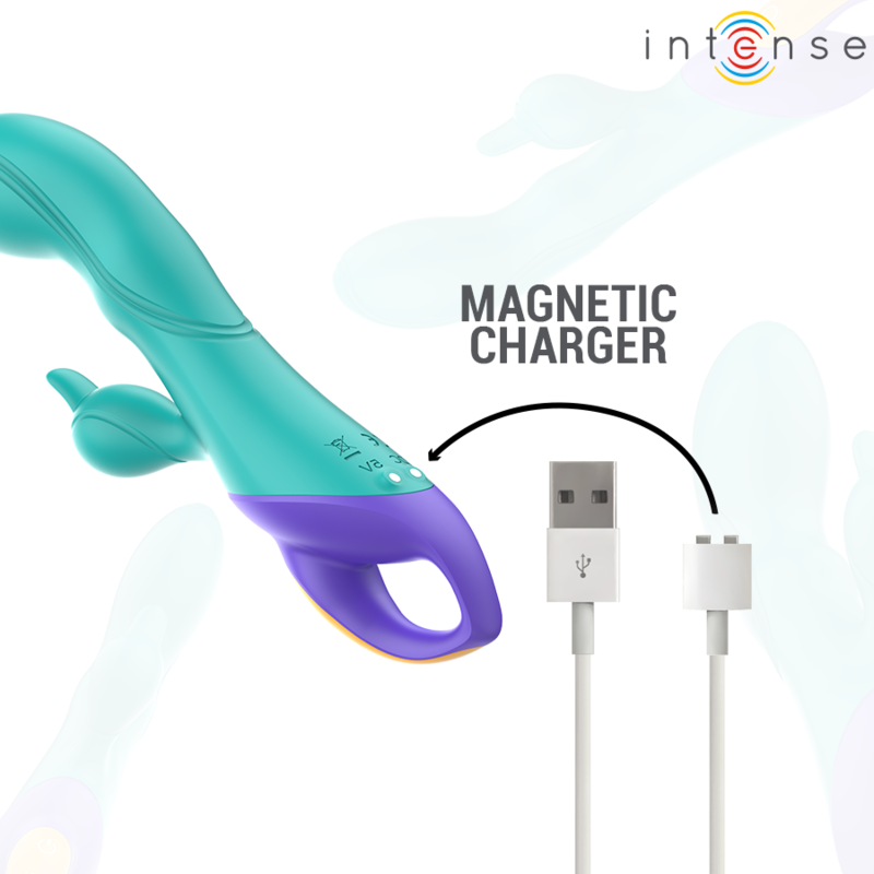 Detalle del vibrador rabbit INTENSE FRED en azul y morado con cargador magnético y cable USB.