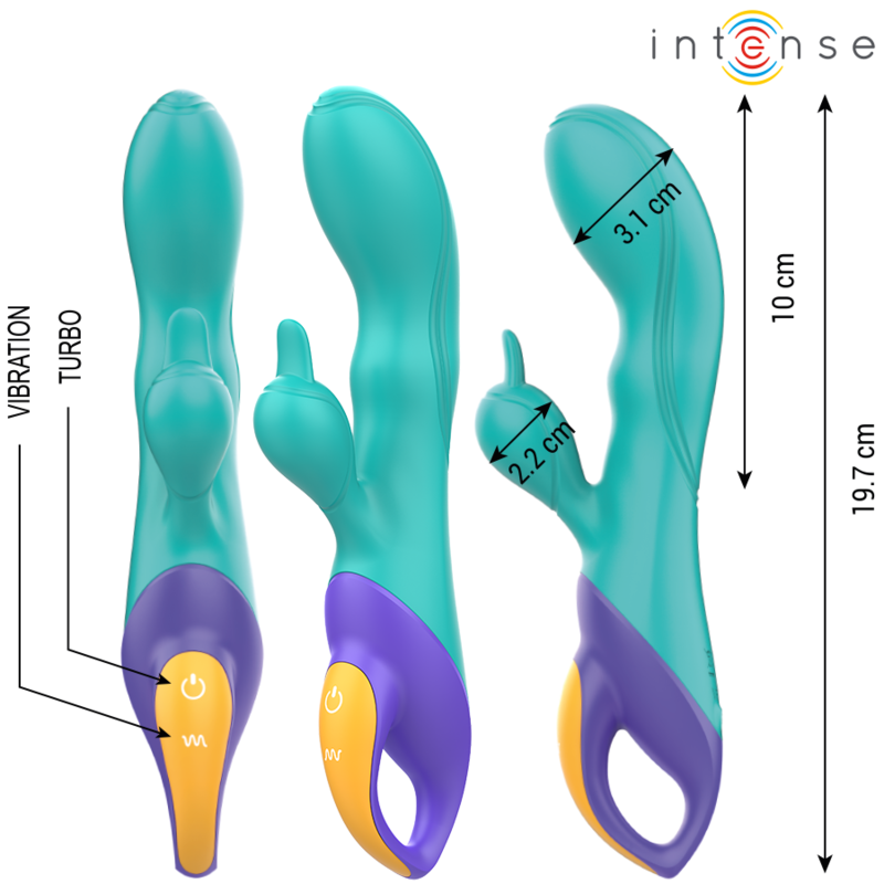 Guia de talla del vibrador rabbit Intense Fred en azul verde, con tres vistas y medidas visibles.