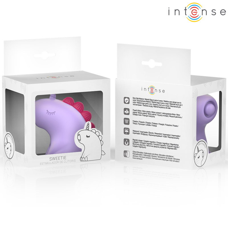 Caja del producto Intense Sweetie con estimulador morado en forma de unicornio visible.