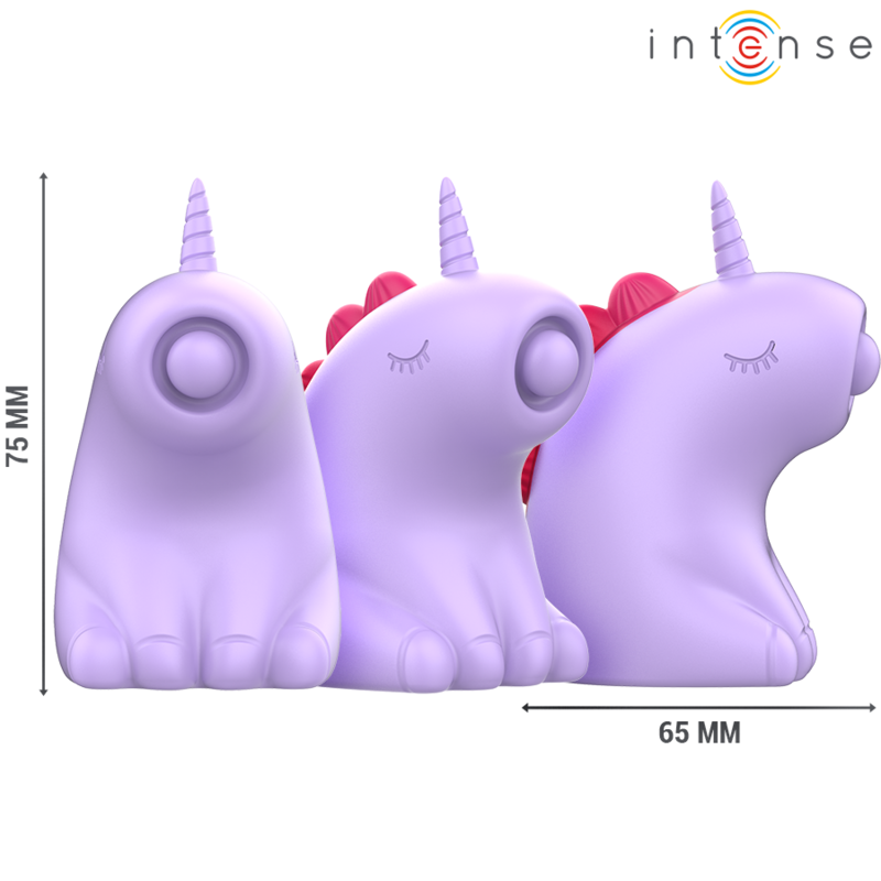 Guía de tamaño del INTENSE Sweetie en forma de unicornio, con vistas frontal y lateral y medidas de 75 mm y 65 mm.