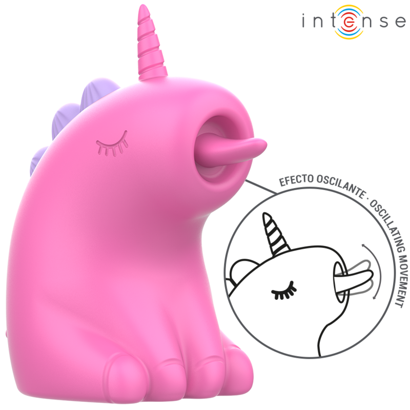 INTENSE Pinkie en rosa, con forma de unicornio y detalle lateral del movimiento oscilante.